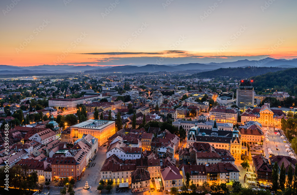 Cityscape of Ljubljana. Beautiful aerial view of Ljubljana at night, Slovenia.