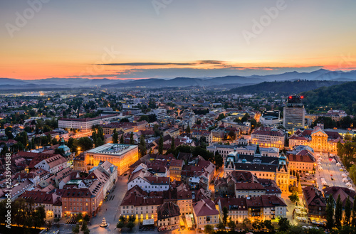 Cityscape of Ljubljana. Beautiful aerial view of Ljubljana at night  Slovenia.