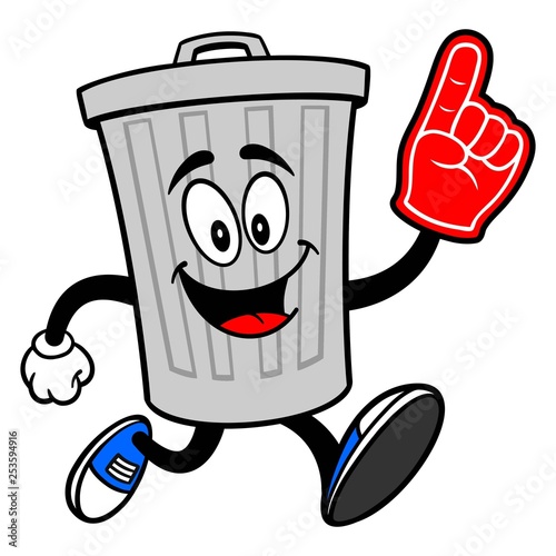 Trash Can Mascot running with a Foam Finger - A vector cartoon illustration of a aluminum Trash Can mascot running with a Foam Finger.