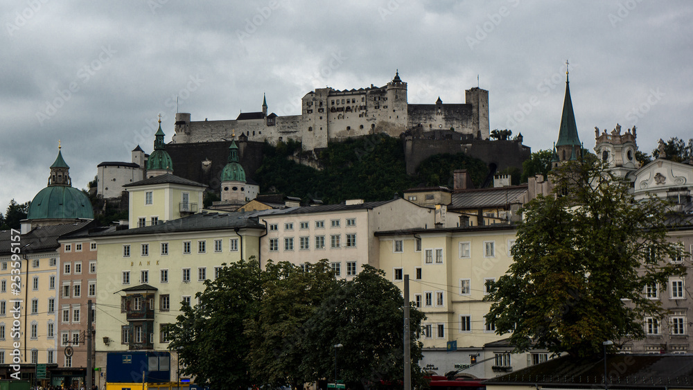 castle of salzburg on hilltop with ancient city in front