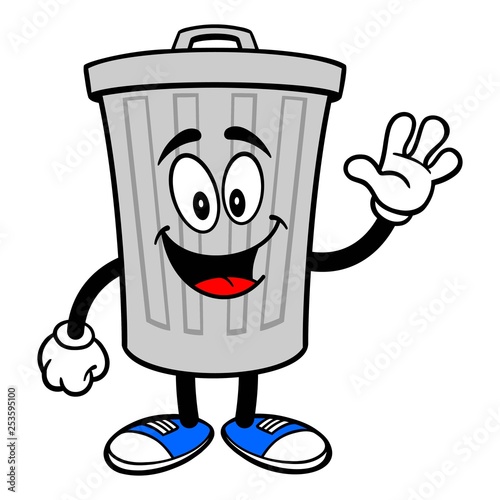 Trash Can Mascot Waving - A vector cartoon illustration of a aluminum Trash Can mascot waving.