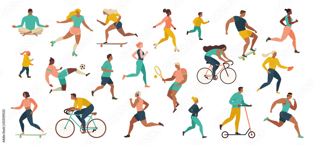 Fototapeta Group of people performing sports activities at park doing yoga and gymnastics exercises, jogging, riding bicycles, playing ball game and tennis.