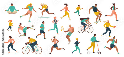 Group of people performing sports activities at park doing yoga and gymnastics exercises, jogging, riding bicycles, playing ball game and tennis.