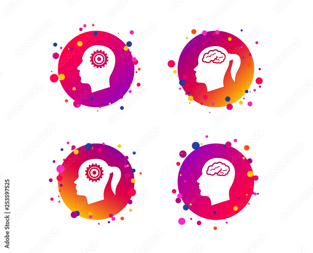 Head with brain icon. Male and female human think symbols. Cogwheel gears signs. Woman with pigtail. Gradient circle buttons with icons. Random dots design. Vector Head with brain icon. Male and female human think symbols. Cogwheel gears signs. Woman with pigtail. Gradient circle buttons with icons. Random dots design. Vector