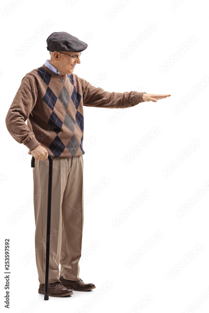 Senior man gesturing with hand and showing the height of something Senior man gesturing with hand and showing the height of something