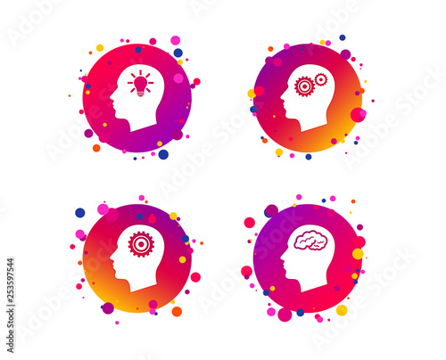Head with brain and idea lamp bulb icons. Male human think symbols. Cogwheel gears signs. Gradient circle buttons with icons. Random dots design. Vector