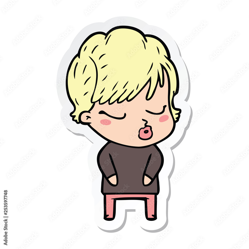 sticker of a cartoon woman with eyes shut sticker of a cartoon woman with eyes shut