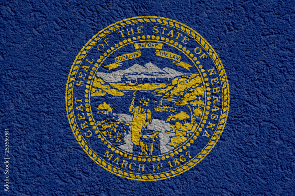 US State Politics Or Business Concept: Nebraska Flag Wall With Plaster, Background Texture US State Politics Or Business Concept: Nebraska Flag Wall With Plaster, Background Texture