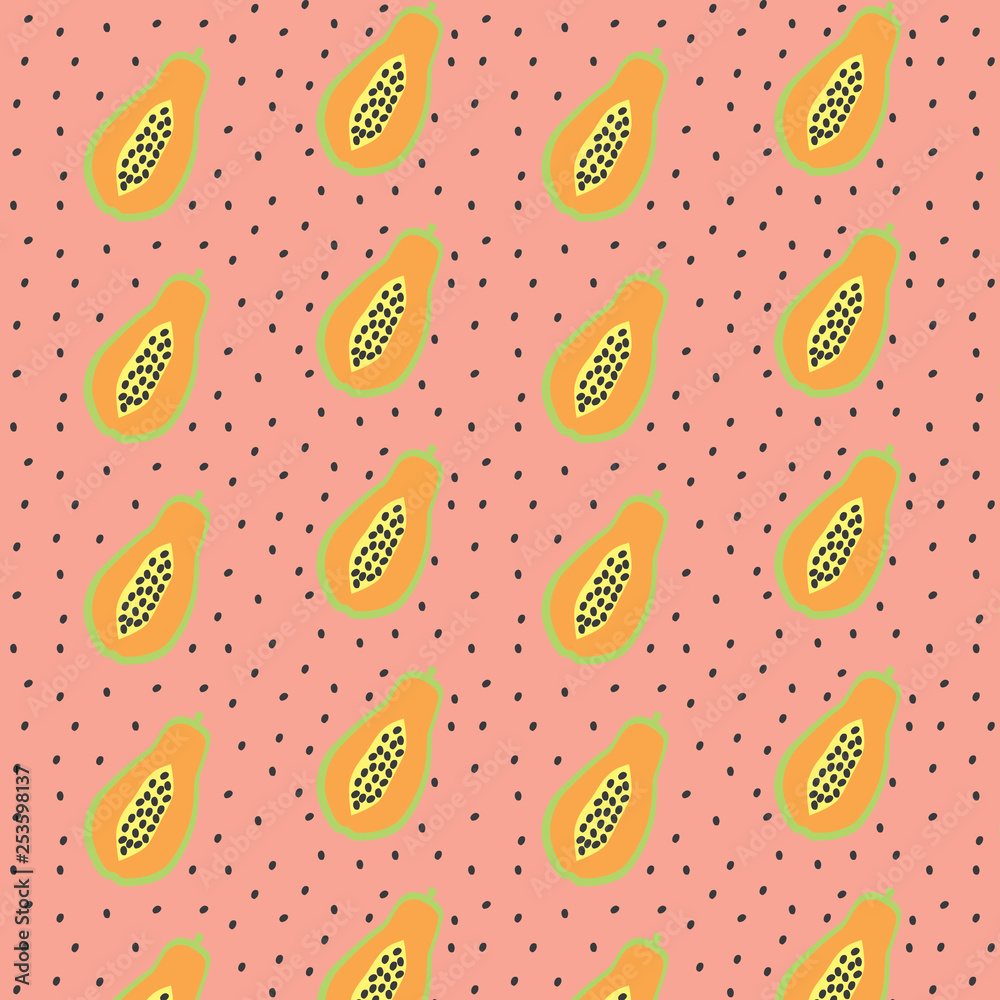 Papaya fruit vector pattern on a pink dotted background Papaya fruit vector pattern on a pink dotted background