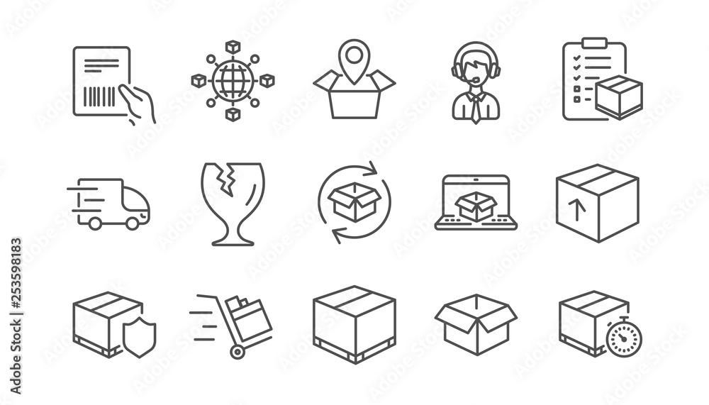 Logistics and Shipping line icons. Truck Delivery, Checklist and Parcel tracking. Cargo linear icon set.  Vector