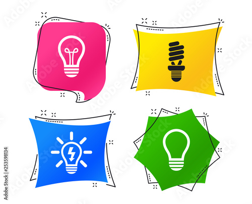 Light lamp icons. Fluorescent lamp bulb symbols. Energy saving. Idea and success sign. Geometric colorful tags. Banners with flat icons. Trendy design. Vector