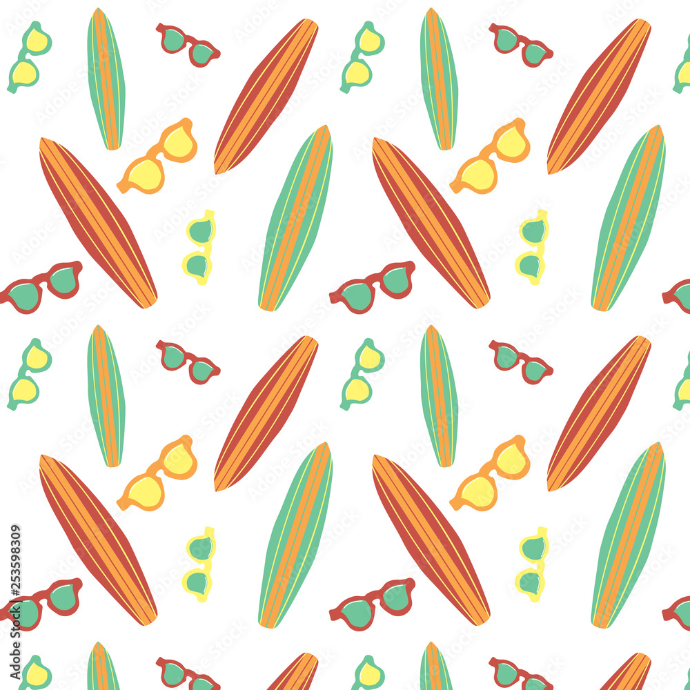Surfboard and sunglasses vector summer pattern Surfboard and sunglasses vector summer pattern