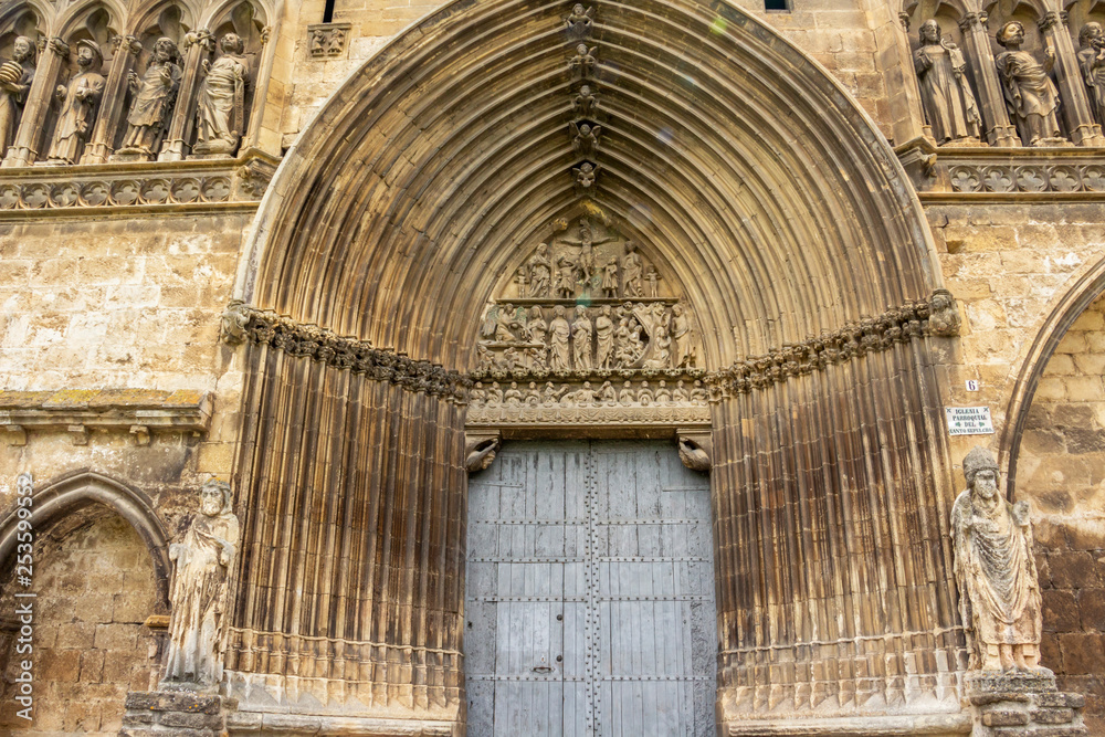 Entrance to the Church of Santo Sepulcro or Church of the Holy Sepulchre in Estella or Lizzara in Navarre, Spain on the Way of St. James, Camino de Santiago