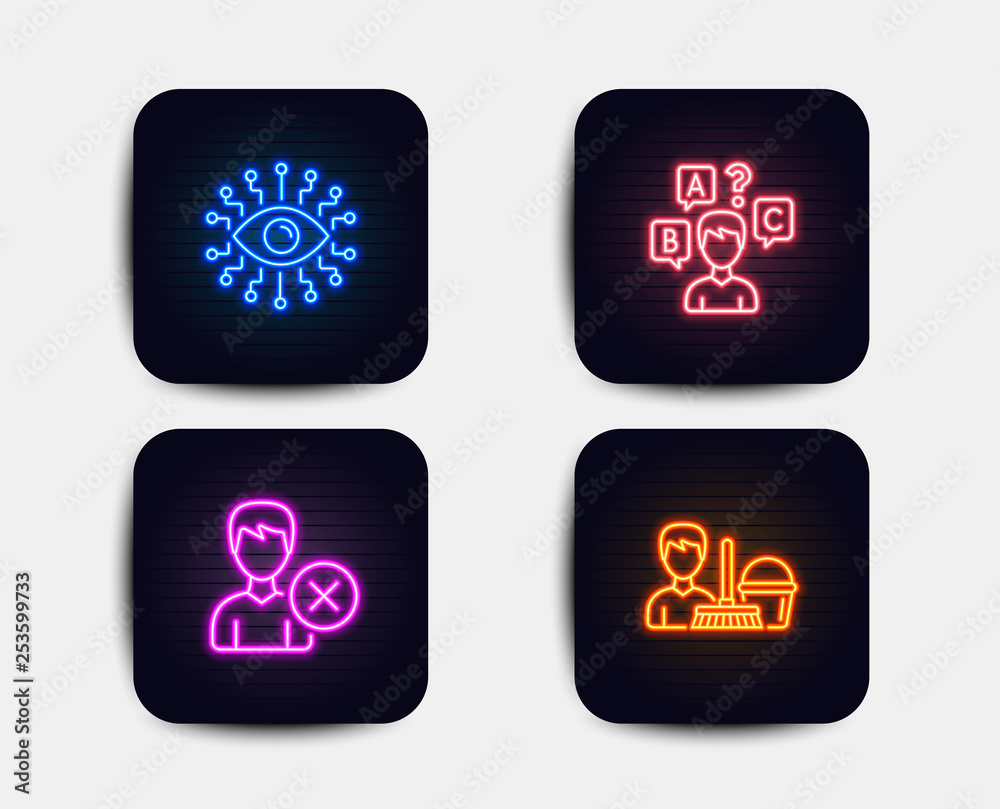 Neon glow lights. Set of Artificial intelligence, Quiz test and Remove account icons. Cleaning service sign. All-seeing eye, Interview, Delete user. Bucket with mop. Neon icons. Glowing light banners Neon glow lights. Set of Artificial intelligence, Quiz test and Remove account icons. Cleaning service sign. All-seeing eye, Interview, Delete user. Bucket with mop. Neon icons. Glowing light banners