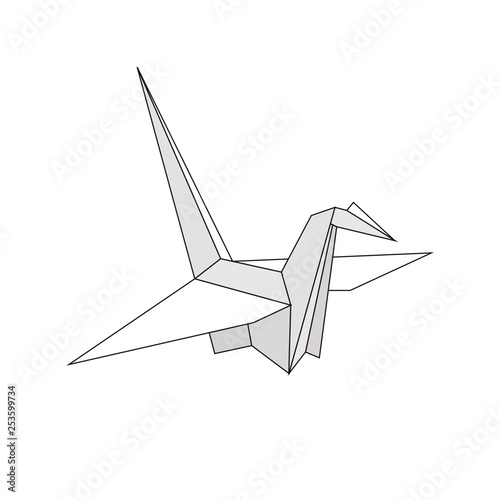 White paper crane with shadow in trendy flat style. Origami icon isolated on white background. Vector illustration.