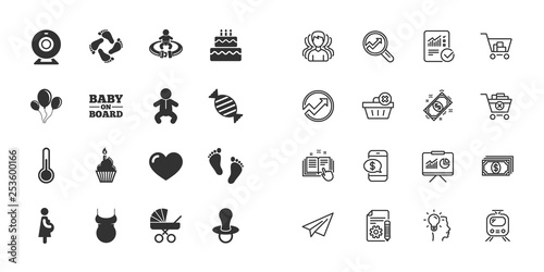 Set of Maternity, Pregnancy and Baby care icons. Video monitoring, Child and Pacifier signs. Footprint, Birthday cake and Newborn symbols. Paper plane, report and shopping cart icons. Group of people