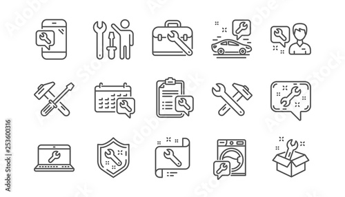 Repair line icons. Hammer, Screwdriver and Spanner tool. Washing machine repair linear icon set.  Vector