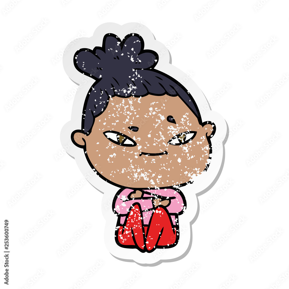 distressed sticker of a cartoon woman distressed sticker of a cartoon woman