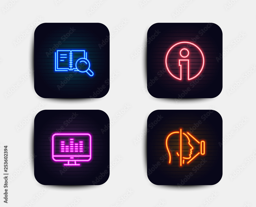 Neon glow lights. Set of Info, Search book and Music making icons. Face id sign. Information, Online education, Dj app. Phone scanning. Neon icons. Glowing light banners. Vector Neon glow lights. Set of Info, Search book and Music making icons. Face id sign. Information, Online education, Dj app. Phone scanning. Neon icons. Glowing light banners. Vector