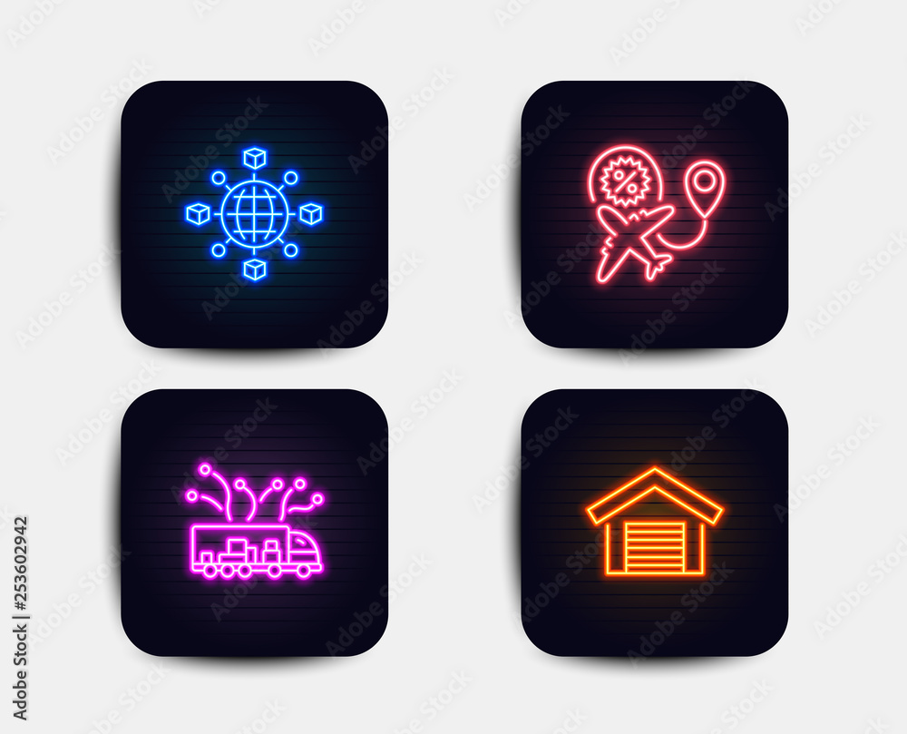 Neon glow lights. Set of Logistics network, Truck delivery and Flight sale icons. Parking garage sign. International tracking, Logistics, Travel discount. Car place. Neon icons. Glowing light banners Neon glow lights. Set of Logistics network, Truck delivery and Flight sale icons. Parking garage sign. International tracking, Logistics, Travel discount. Car place. Neon icons. Glowing light banners