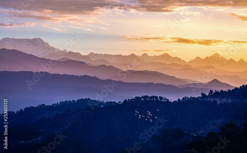 Garhwal Himalaya mountain range at sunrise as seen from Kausani Uttarakhand India