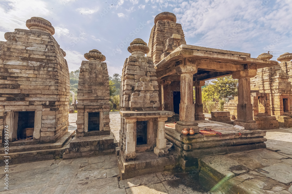 Ancient stone temples of Baijnath at Bageshwar district of Uttarakhand India. Baijnath temples are a popular tourist attraction near Kausani Uttarakhand.