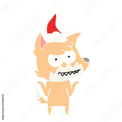 flat color illustration of a grinning fox wearing santa hat