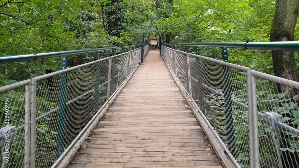 Walking over a suspension bridge in Schonbrunn zoo in Vienna, Austria. Walking over a suspension bridge in Schonbrunn zoo in Vienna, Austria.