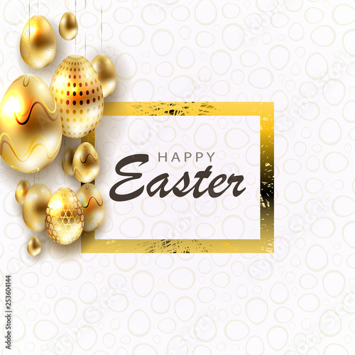 Illustration with eggs of brilliant golden hue and texture frame, postcard