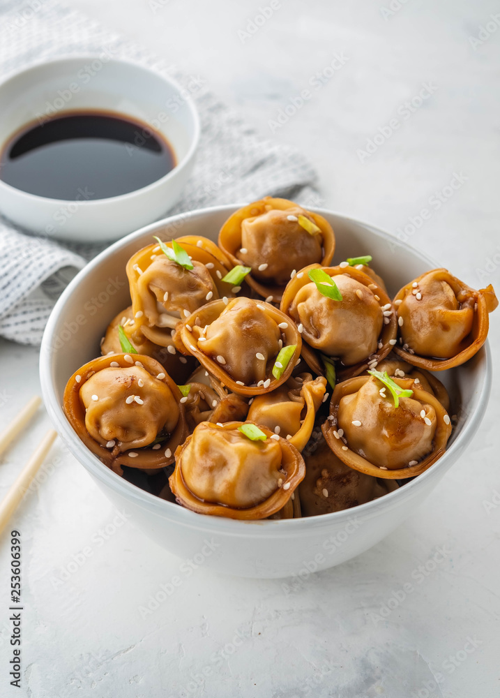 Fried dumplings with soy sauce with pepper and green onions. Asian cuisine. Copy space.