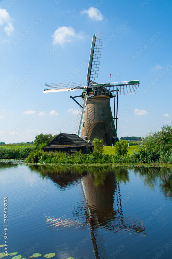 Kinderdijk windmills clean energy in Holland on a clear day
