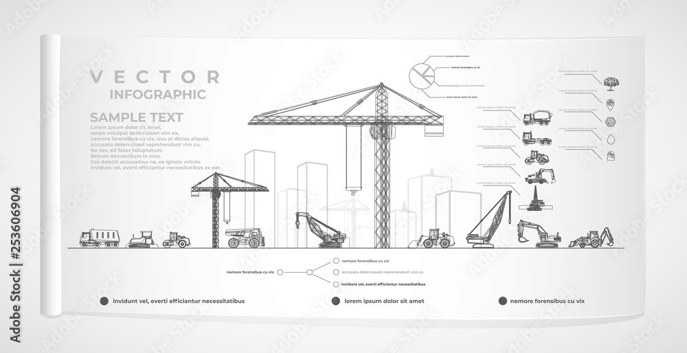 Vector construction equipment and city infographics. - obrazy, fototapety, plakaty 