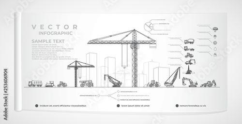 Vector construction equipment and city infographics.