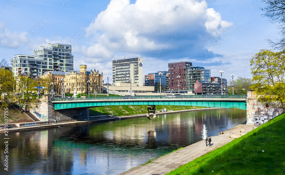 Fototapeta premium Green bridge over the Neris river. Vilnius,Lithuania