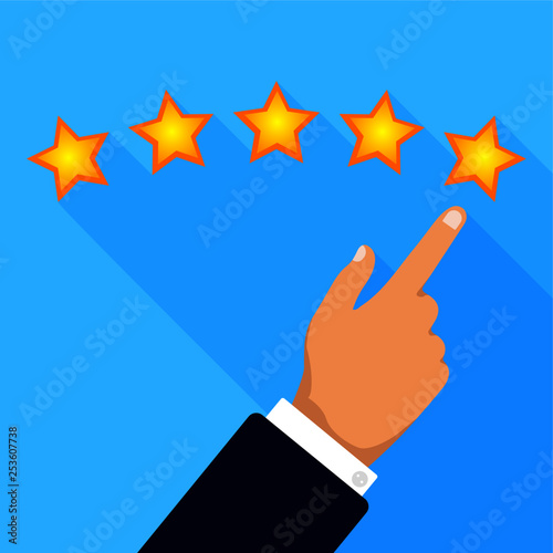 Customer review concept. Hand gives a five star. Rating golden stars. Feedback, reputation and quality. Flat vector illustration.
