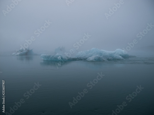 Icebergs on Lake Jökulsárlón in the Vatnajökull National Park on a foggy day