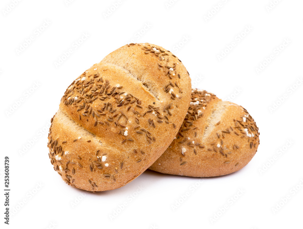 Crispy bun sprinkled with caraway isolated on white background Crispy bun sprinkled with caraway isolated on white background