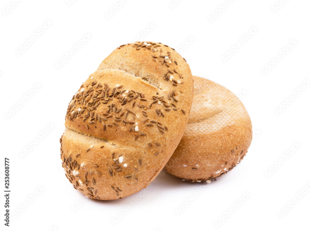 Crispy bun sprinkled with caraway isolated on white background Crispy bun sprinkled with caraway isolated on white background