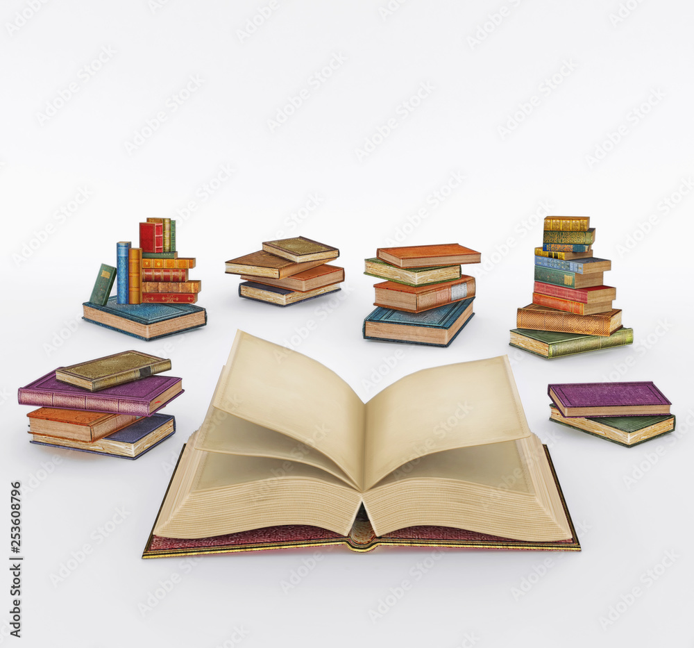 3D illustration rendering cartoon of many multi colored vintage books on white background .Concept art. 3D illustration rendering cartoon of many multi colored vintage books on white background .Concept art.