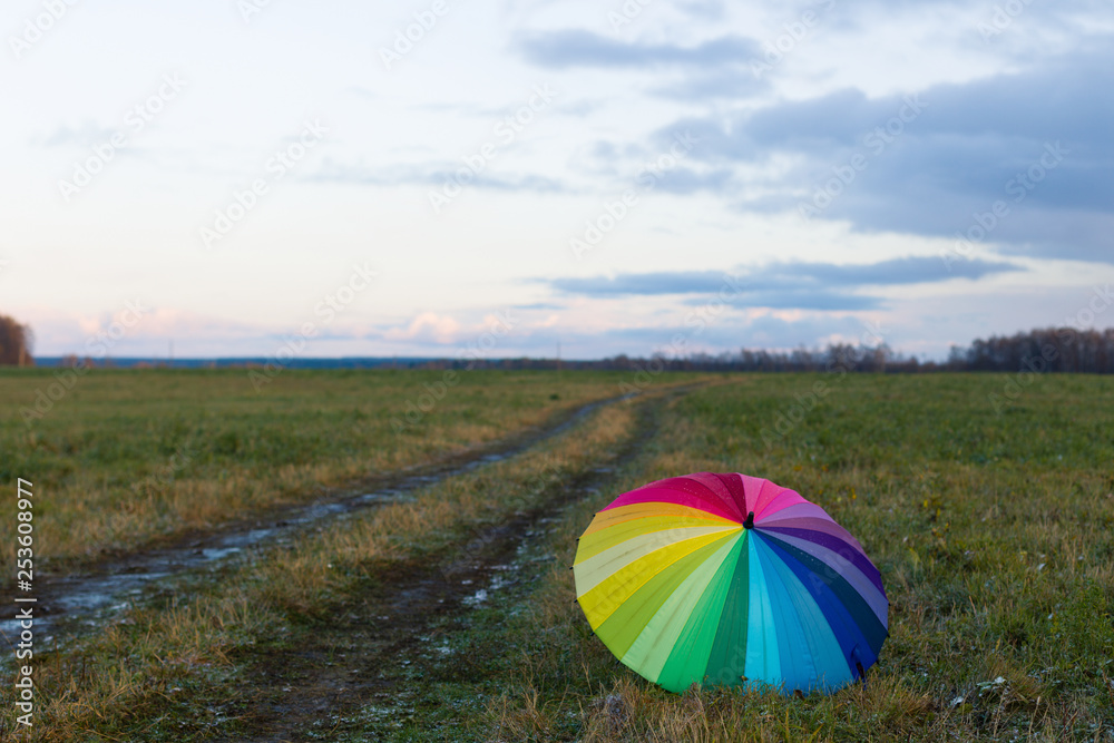 Colorful umbrella lying on the ground in a field. Autumn. Day