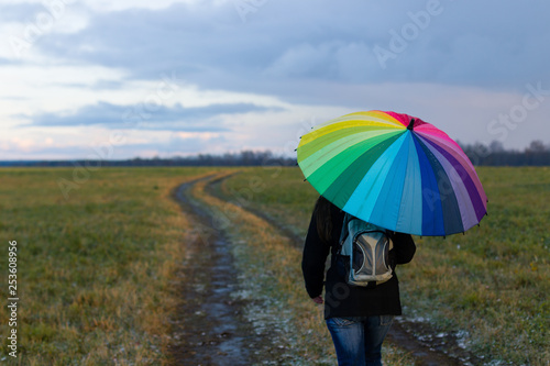 Girl with a multi-colored umbrella walking in the field