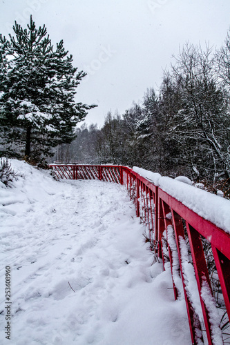 Red bridge in white snow