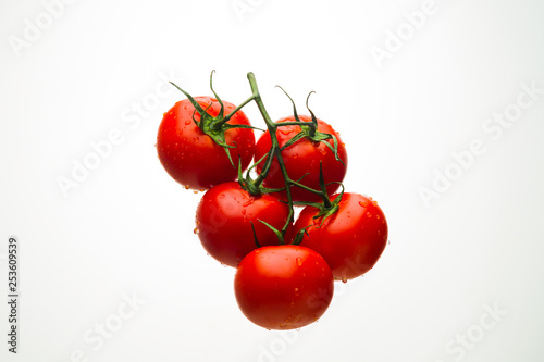 Red tomatoes on a branch with drops of water on a white background