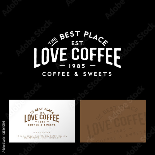 Love Coffee Logo. Coffee emblem. Letters and coffee beans in a circle. Emblem like a stamp. Shabby style.