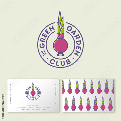 Green garden club logo. Organic Market logo.Vegetarian restaurant emblem. Red onion and letters in a circle.
