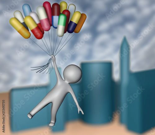 3d illustration human man figure flying on antidepressant pill balloons photo