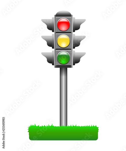 Typical vertical traffic signals with red, green and yellow lights
