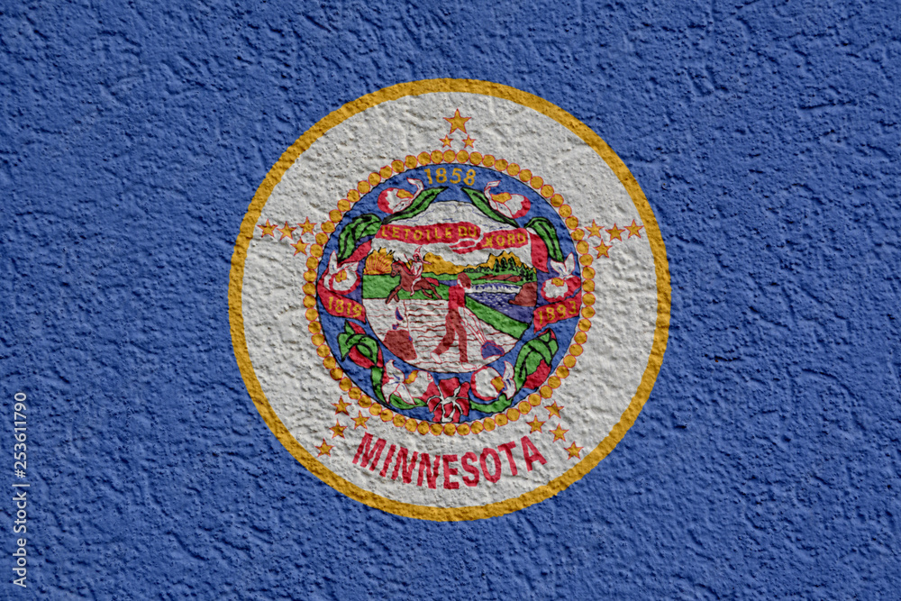 US State Politics Or Business Concept: Minnesota Flag Wall With Plaster, Background Texture