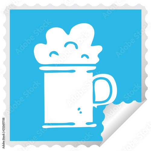 quirky square peeling sticker cartoon tankard of beer