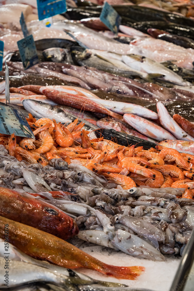 Sea food on sale in the market of Sanary sur Mer, France